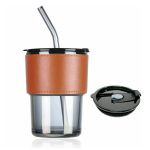 Glass Tumbler Cup with Lid and Straw 435 ML, Coffee Mugs with brown Leather Sleeve