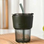 Glass Tumbler Cup with Lid and Straw 435 ML, Coffee Mugs with green Leather Sleeve