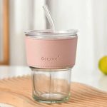 Glass Tumbler Cup with Lid and Straw 435 ML, Coffee Mugs with pink Leather Sleeve