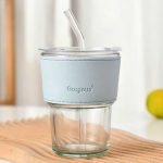 Glass Tumbler Cup with Lid and Straw 435 ML, Coffee Mugs with Blue Leather Sleeve