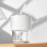 Glass Tumbler Cup with Lid and Straw 435 ML, Coffee Mugs with white Leather Sleeve
